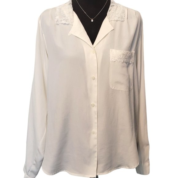 Chaus Vintage Ivory Lace Collar Button-Down Long Sleeve Blouse – Size 10 - Picture 2 of 7